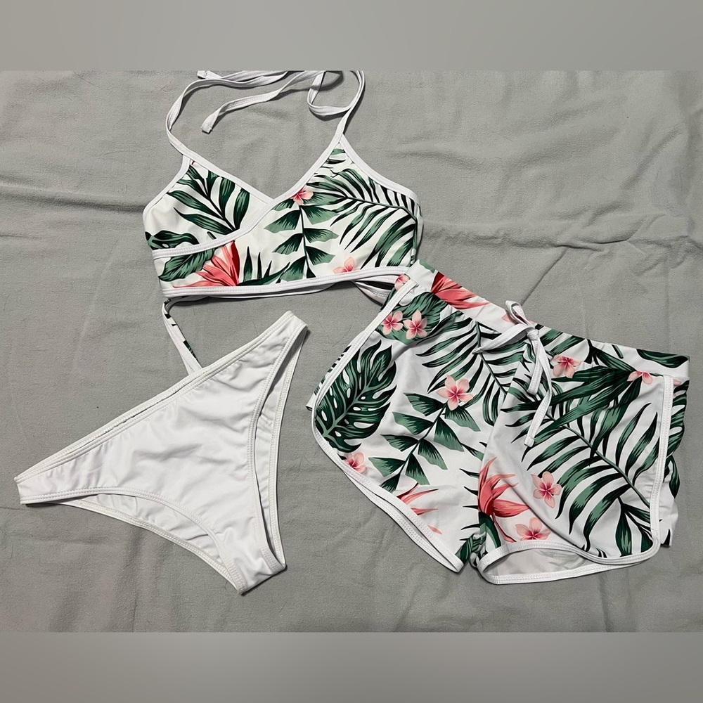 SHEIN Tropical Leaf Print Bikini Set - Green and Pink